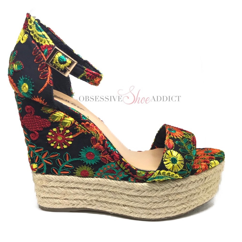 Embroidered Black Multi Floral Wedge